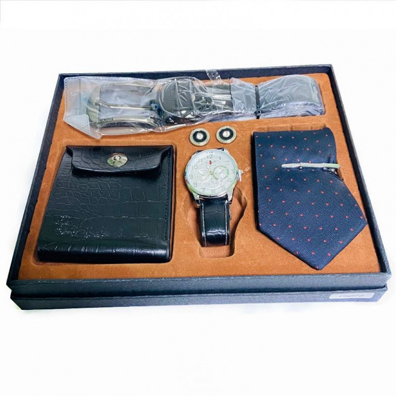 Набор  PJ9603 мужской, подарочный, часы, галстук, ремень, портмоне, 26*22*4см